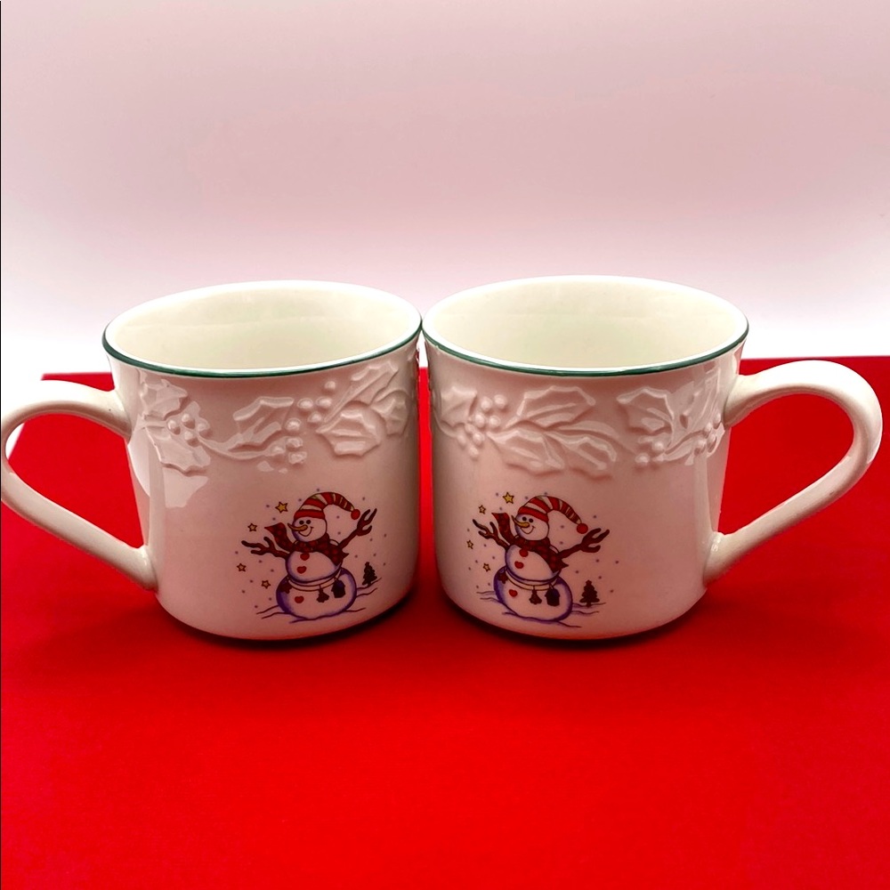Charming Winter Scene Snowman Embossed Holiday Mugs - Set of 2 Discontinued